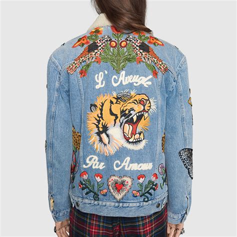 gucci logo print patch embroidered padded field jacket|Gucci tiger denim jacket.